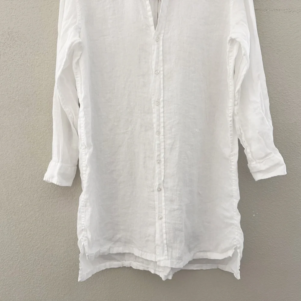 Frank and Eileen Hunter Linen Shirt Dress Med White Long Sleeve Casual Coastal - Picture 7 of 13